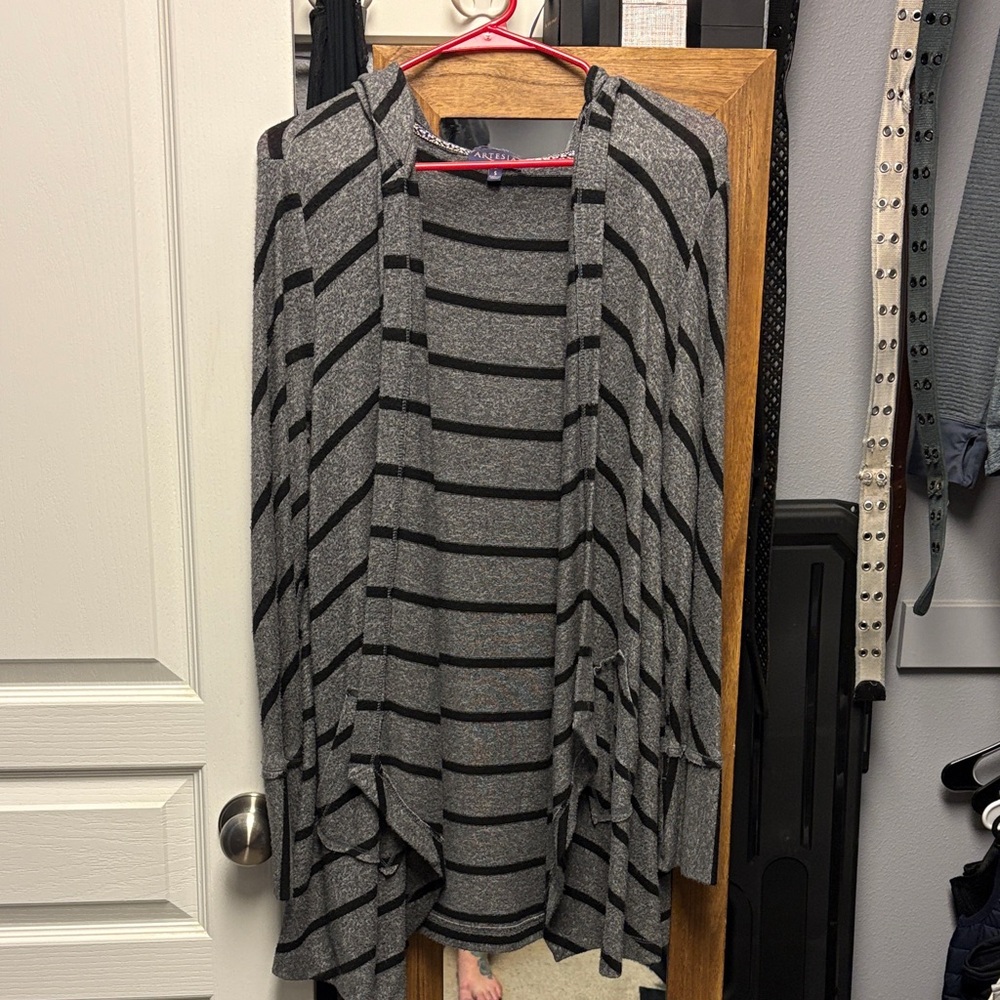 Gray Hooded Striped Women's Sweater
